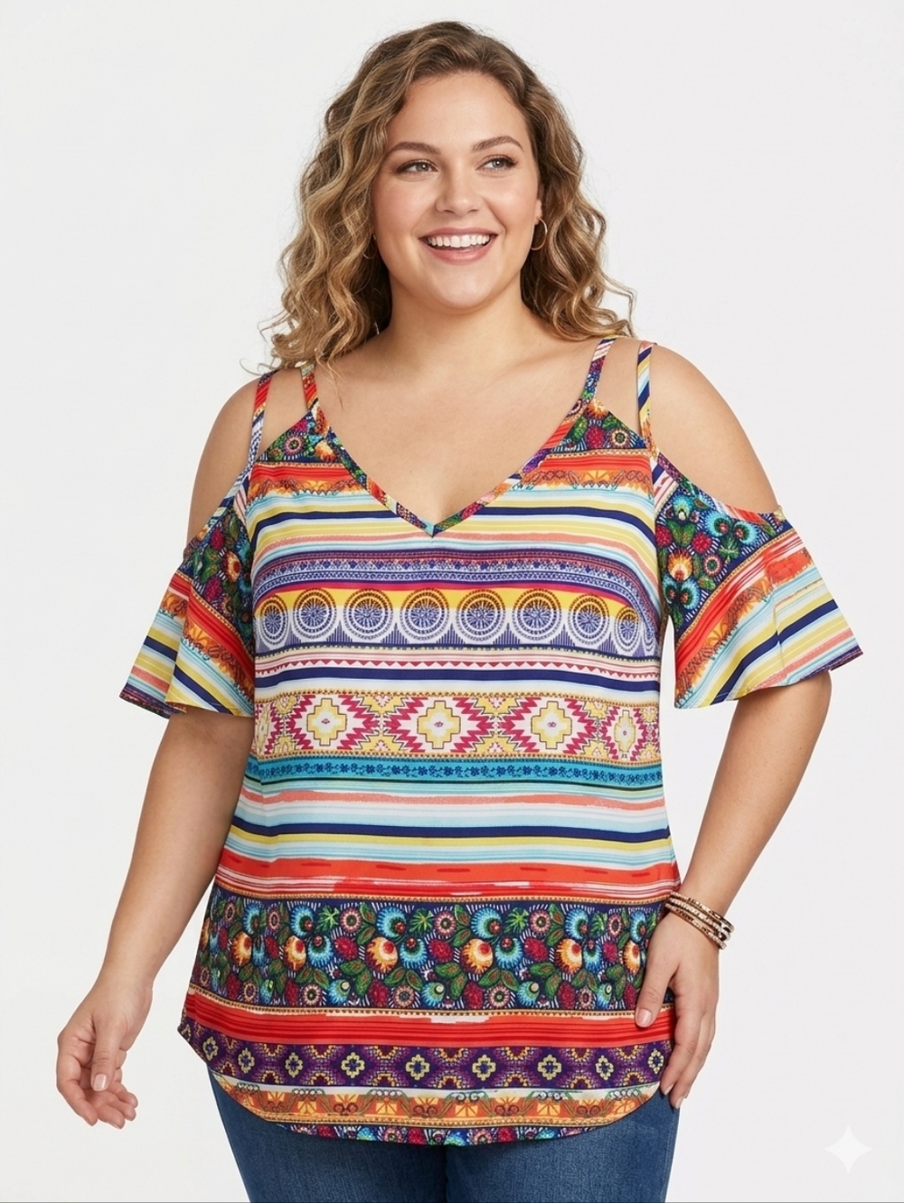 A. Byer Multicolor Striped Floral Cold-Shoulder Top